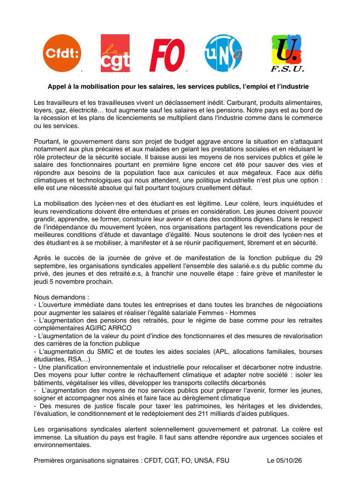 Salaires, services publics, emploi : mobilisons-nous le 5 novembre !