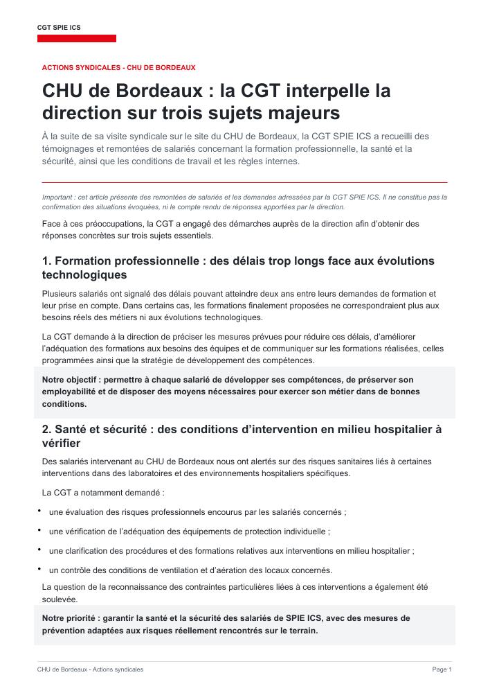 CHU de Bordeaux : la CGT interpelle la direction sur trois sujets majeurs.